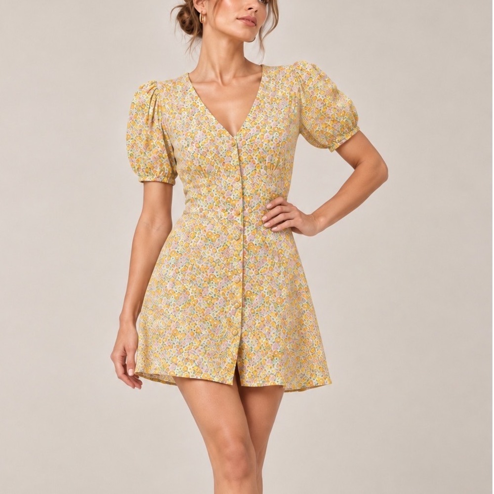 & Other Stories Yellow Floral Fit Flare Dress Short Sleeve Button Front Size 2